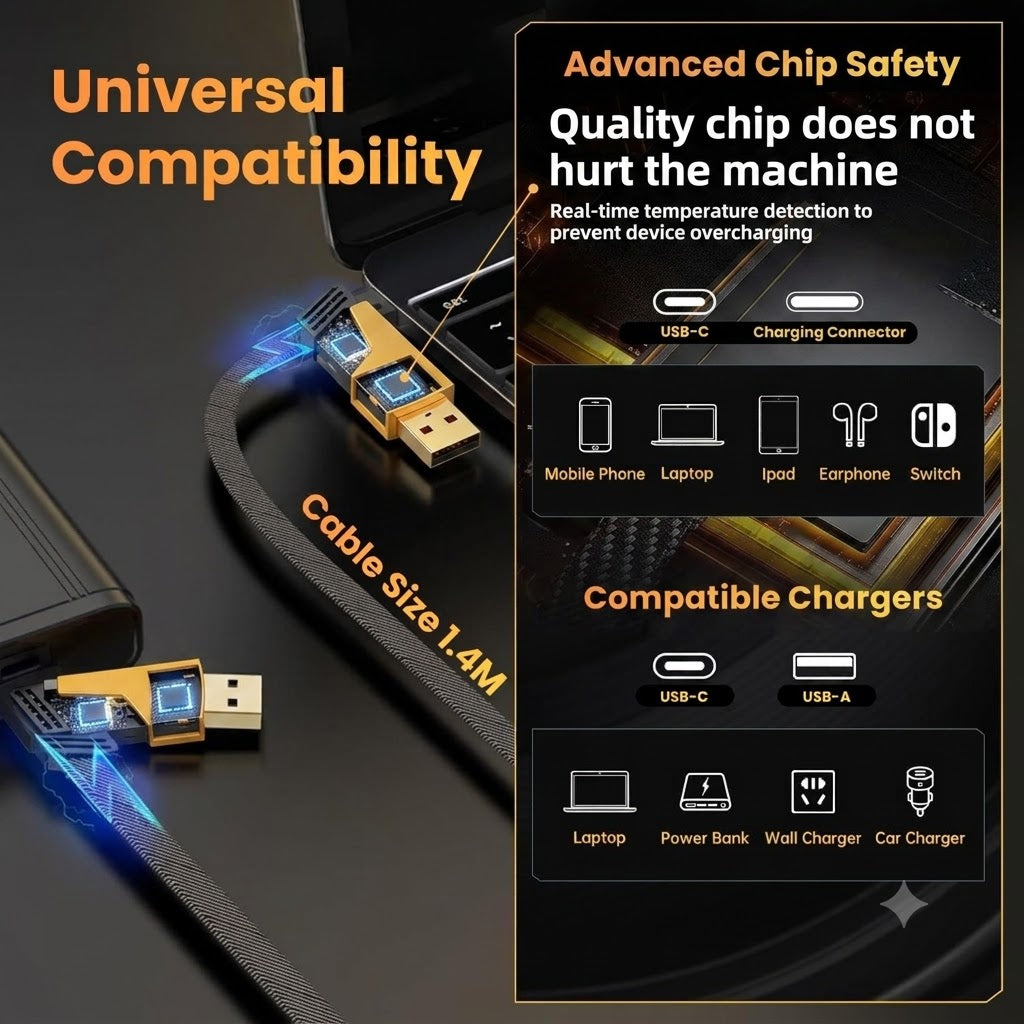 4 in 1 Data Cable, USB-A to USB-C and Lightning, 65W Fast Charging, compatible with iPhone and Android
