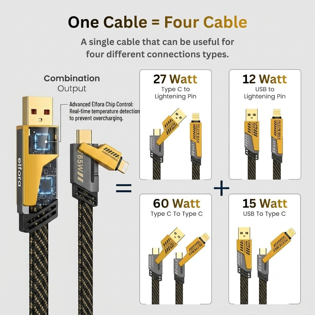 4 in 1 Data Cable, USB-A to USB-C and Lightning, 65W Fast Charging, compatible with iPhone and Android
